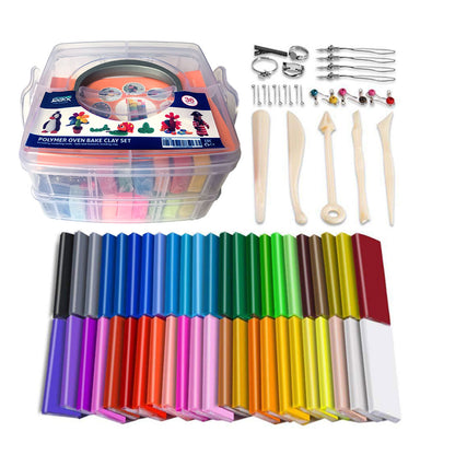 QBIX Polymer Clay Set – 36 Clay Blocks, Sculpting Tools, Storage Box