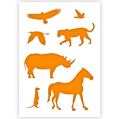 African Animals Stencil, Zebra, Rhino, Meerkats, Leopard, Birds Silhouettes - A5 size