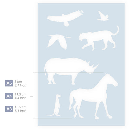 Measurements African Zebra Rhino Meerkats Leopard Birds stencil