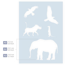 Load image into Gallery viewer, Measurements African Elephant Warthog Meerkat Birds Stencil