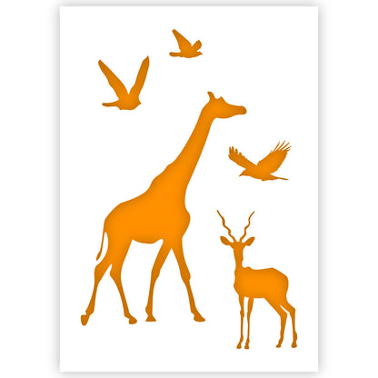 African Animals Stencil, Giraffe, Gemsbok, Birds Silhouettes - A3 size