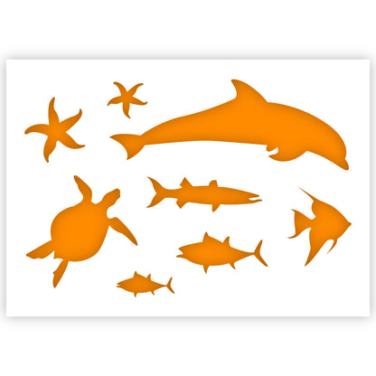 Sea Life Fish Dolphin Turtle Silhouettes Stencil 3 Sizes
