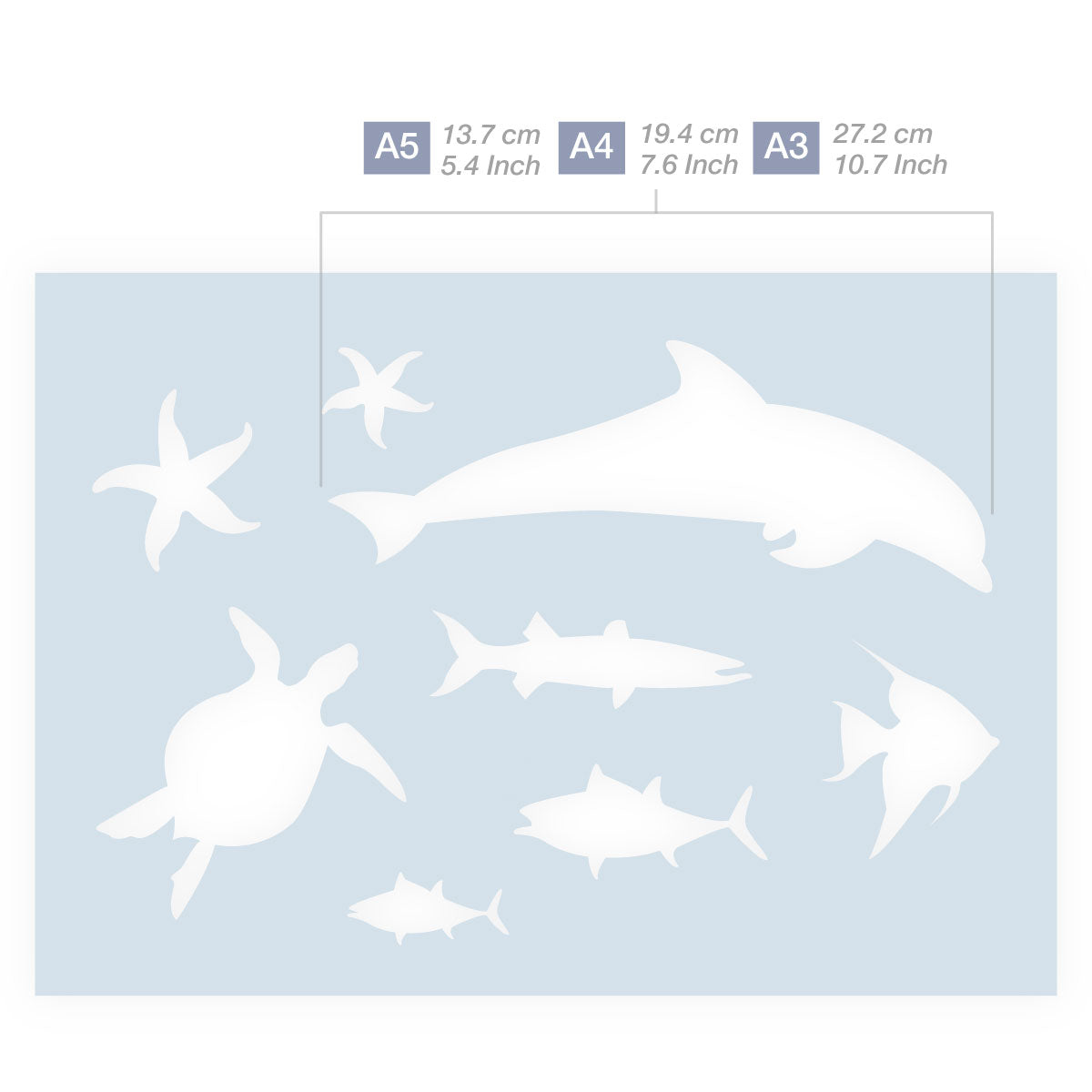 Measurements Sea Life Fish Dolphin Turtle Silhouettes Stencil 3 Sizes