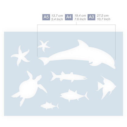 Measurements Sea Life Fish Dolphin Turtle Silhouettes Stencil 3 Sizes