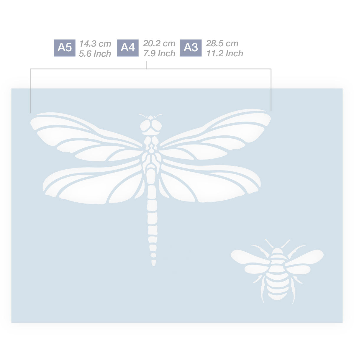 Measurements Dragonfly Bee Silhouettes stencil 3 Sizes