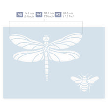 Load image into Gallery viewer, Measurements Dragonfly Bee Silhouettes stencil 3 Sizes