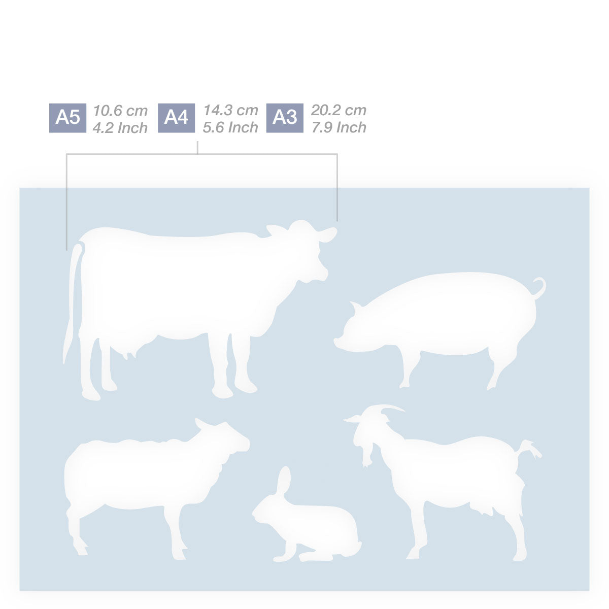 Measurements Farm animals Cow Pig Goat Sheep Rabbit Silhouettes stencil 3 Sizes