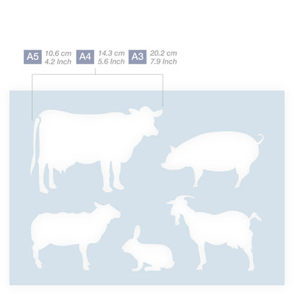 Measurements Farm animals Cow Pig Goat Sheep Rabbit Silhouettes stencil 3 Sizes