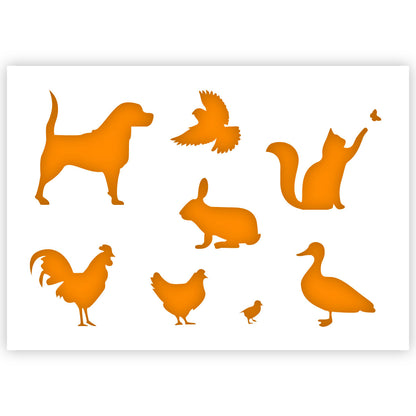 Farm animals Dog Hen Rabbit Cat Duck Bird Silhouettes stencil 3 Sizes