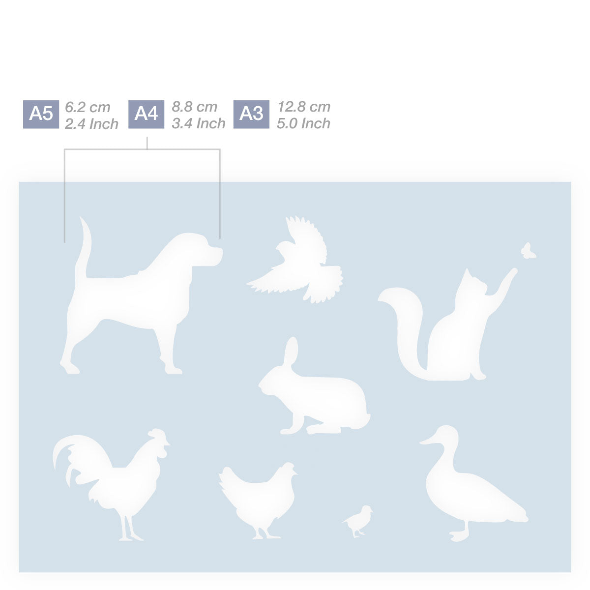 Measurements Farm animals Dog Hen Rabbit Cat Duck Bird Silhouettes stencil 3 Sizes