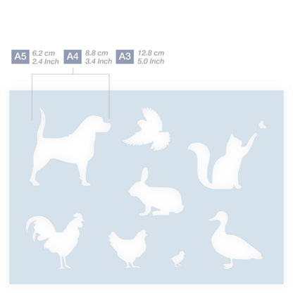 Measurements Farm animals Dog Hen Rabbit Cat Duck Bird Silhouettes stencil 3 Sizes