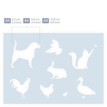 Load image into Gallery viewer, Measurements Farm animals Dog Hen Rabbit Cat Duck Bird Silhouettes stencil 3 Sizes