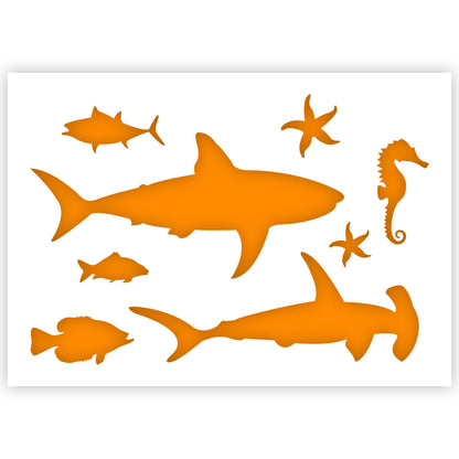 Sea Life Stencil, Fish, Shark, Starfish Silhouettes - A3 size