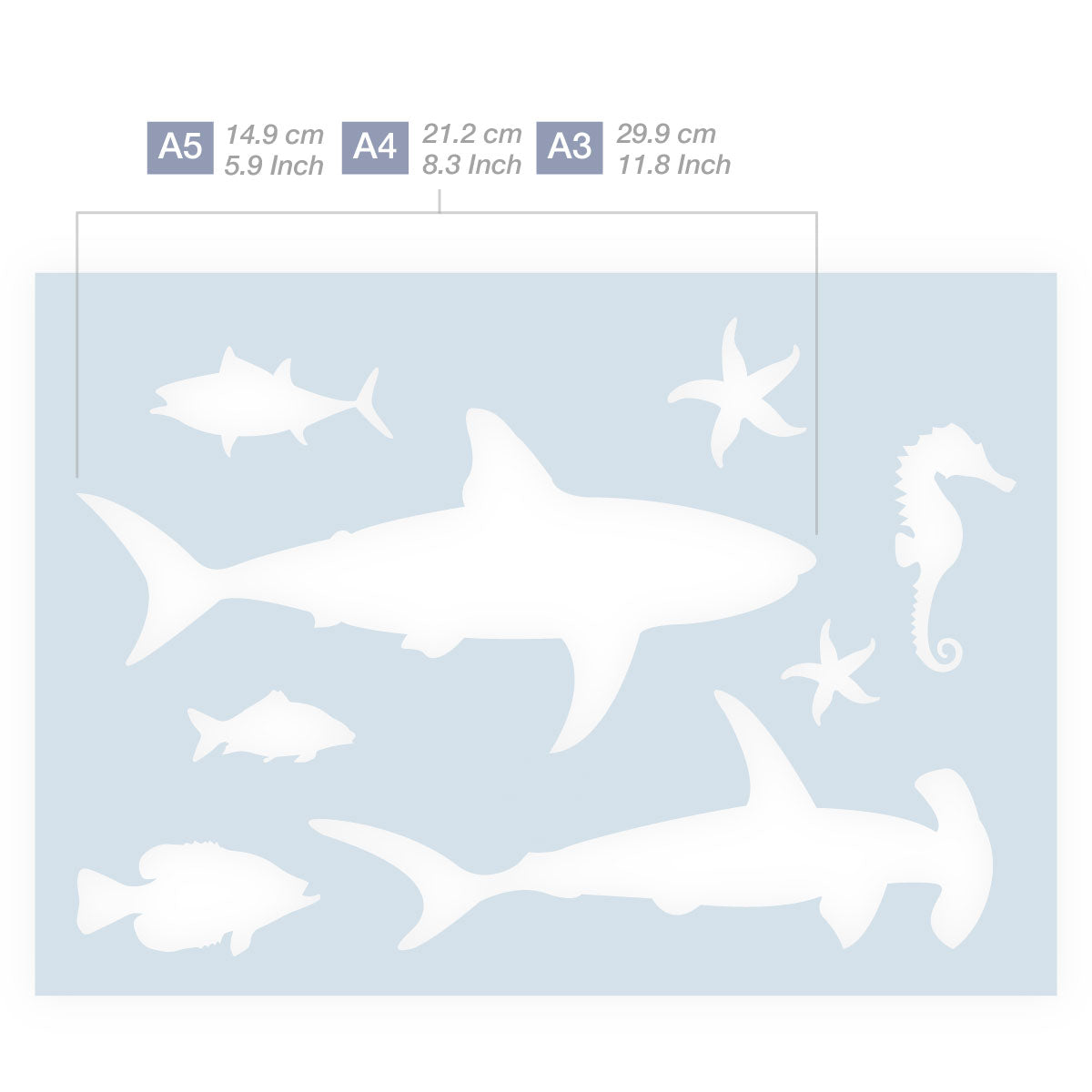 Measurements Sea Life Fish Shark Starfish HammerHead Silhouettes stencil 3 sizes