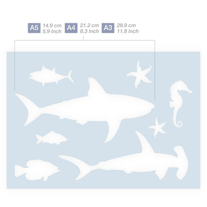 Measurements Sea Life Fish Shark Starfish HammerHead Silhouettes stencil 3 sizes
