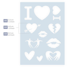 Load image into Gallery viewer, Measurements Valentine Stencil Kiss Heart I Love You Together 3 Sizes