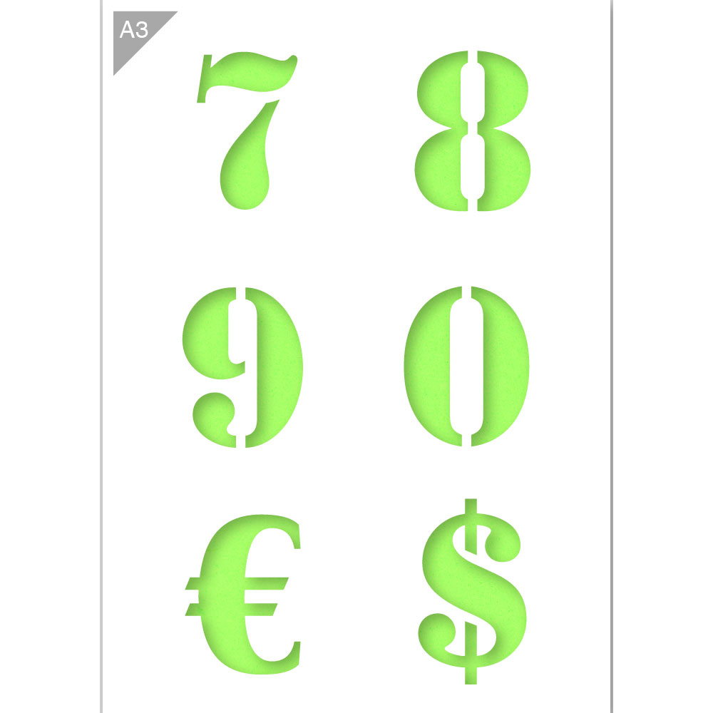Number Stencil 7 8 9 0 € $ A3 Size