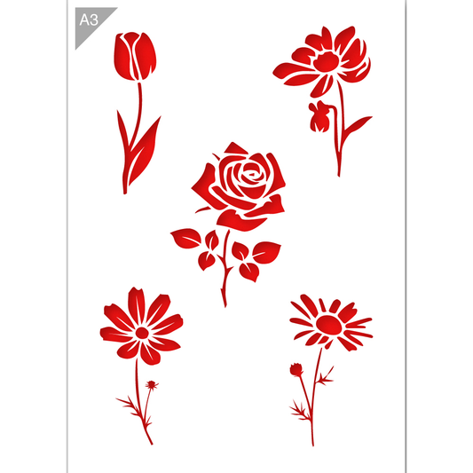 Flowers Stencil - Tulip, Rose, Daisy - A3 Size Stencil