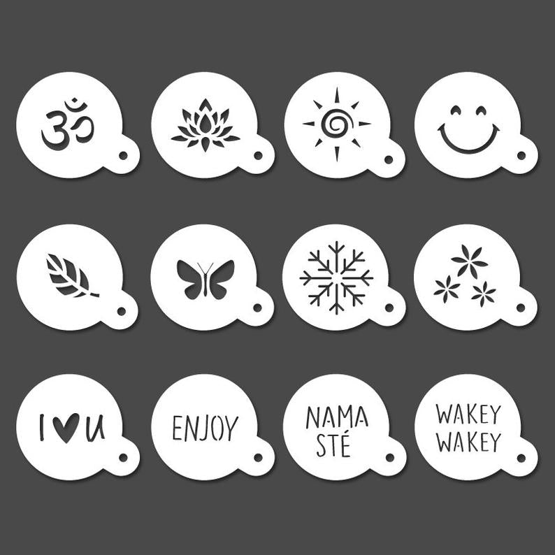 Cappuccino Stencils - Reusable Barista Stencil - Coffee Stencils - 12pcs yoga, nature & good vibes