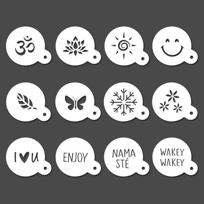 Cappuccino Stencils - Reusable Barista Stencil - Coffee Stencils - 12pcs yoga, nature & good vibes
