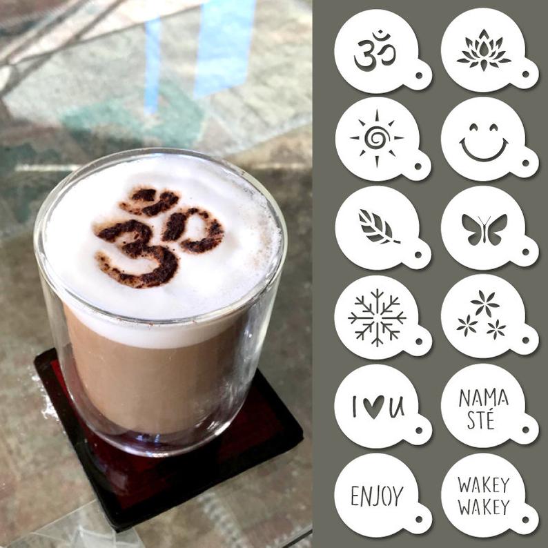 Cappuccino Stencils - Reusable Barista Stencil - Coffee Stencils - 12pcs yoga, nature & good vibes